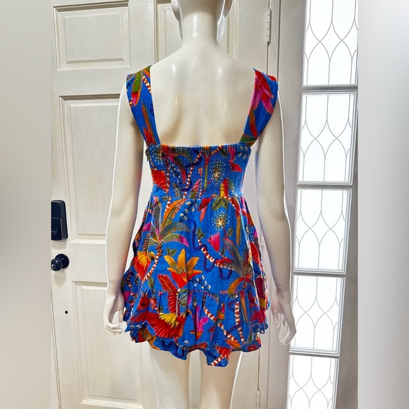 FARM RIO 100%Cotton Macaw Tropical Blue Floral Party Mini Dress Size XS - Picture 4 of 14